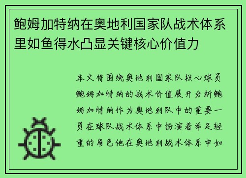 鲍姆加特纳在奥地利国家队战术体系里如鱼得水凸显关键核心价值力